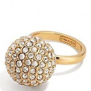 Coach Large Pave Ball Gold-Tone Crystal Ring Size 8